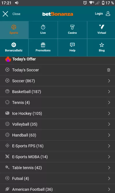 Sports catalog on Betbonanza